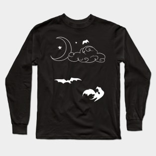 Crescent Moon Stars Clouds and Bats - White Long Sleeve T-Shirt